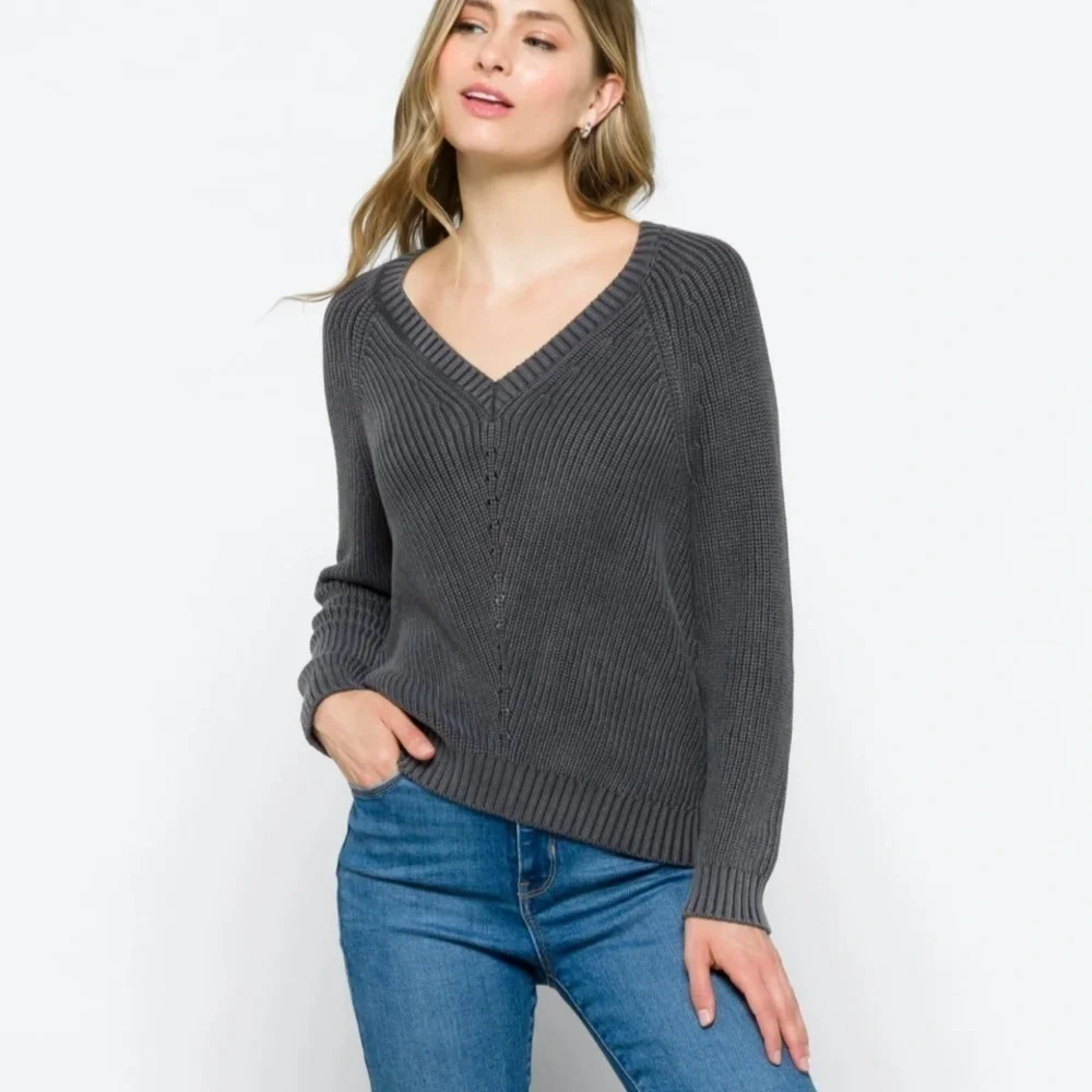 Marine Layer Ezra V-Neck Sweater in Anthracite  Gray size XS Cotton